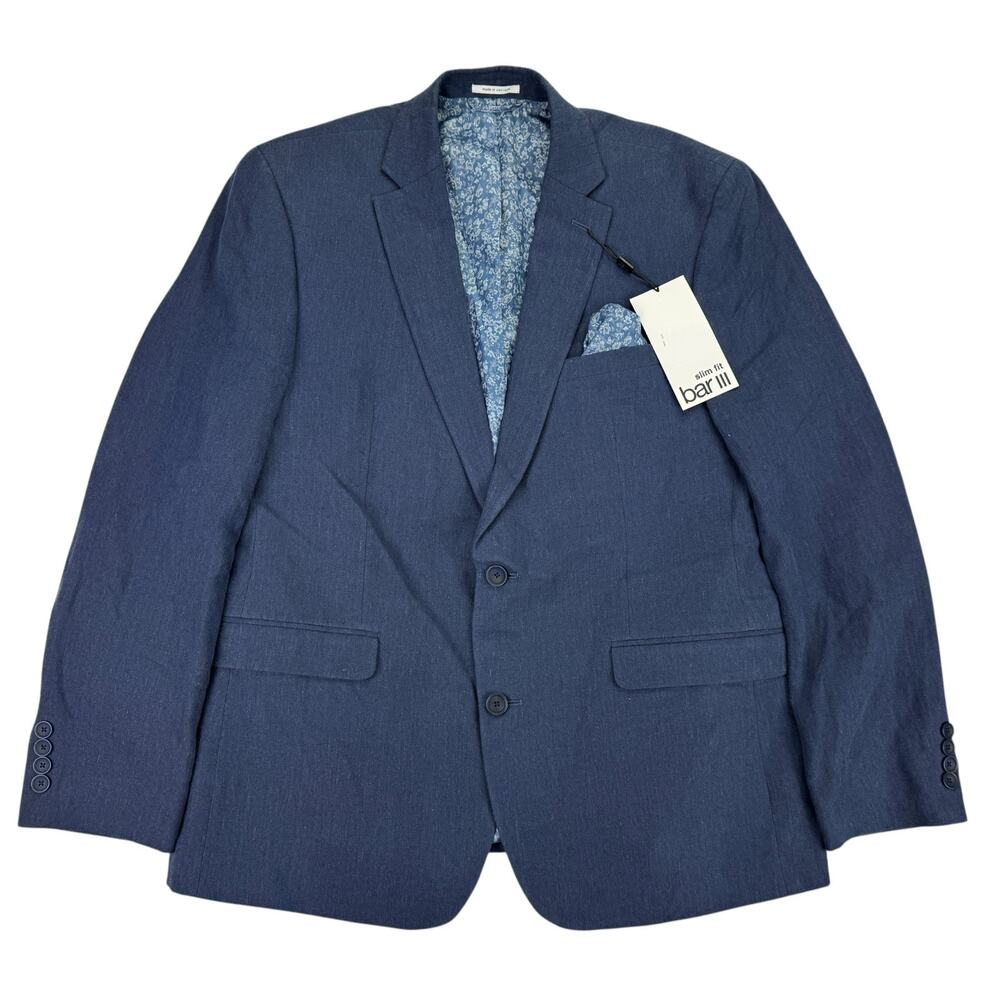 Bar III Mens Slim Fit 100% Linen Solid Suit Jacket Navy 44R